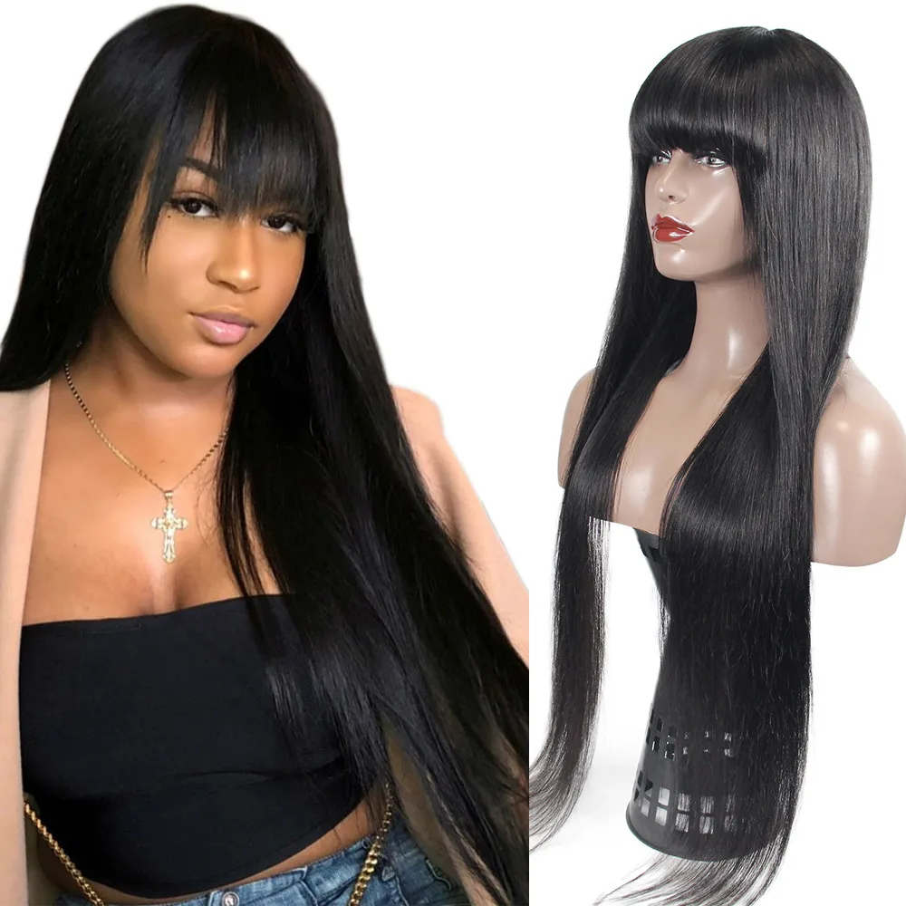 Perruque Courte Frange - Cheveux Humains 100% Brésiliens Noir Lisse 30cm + Cadeau