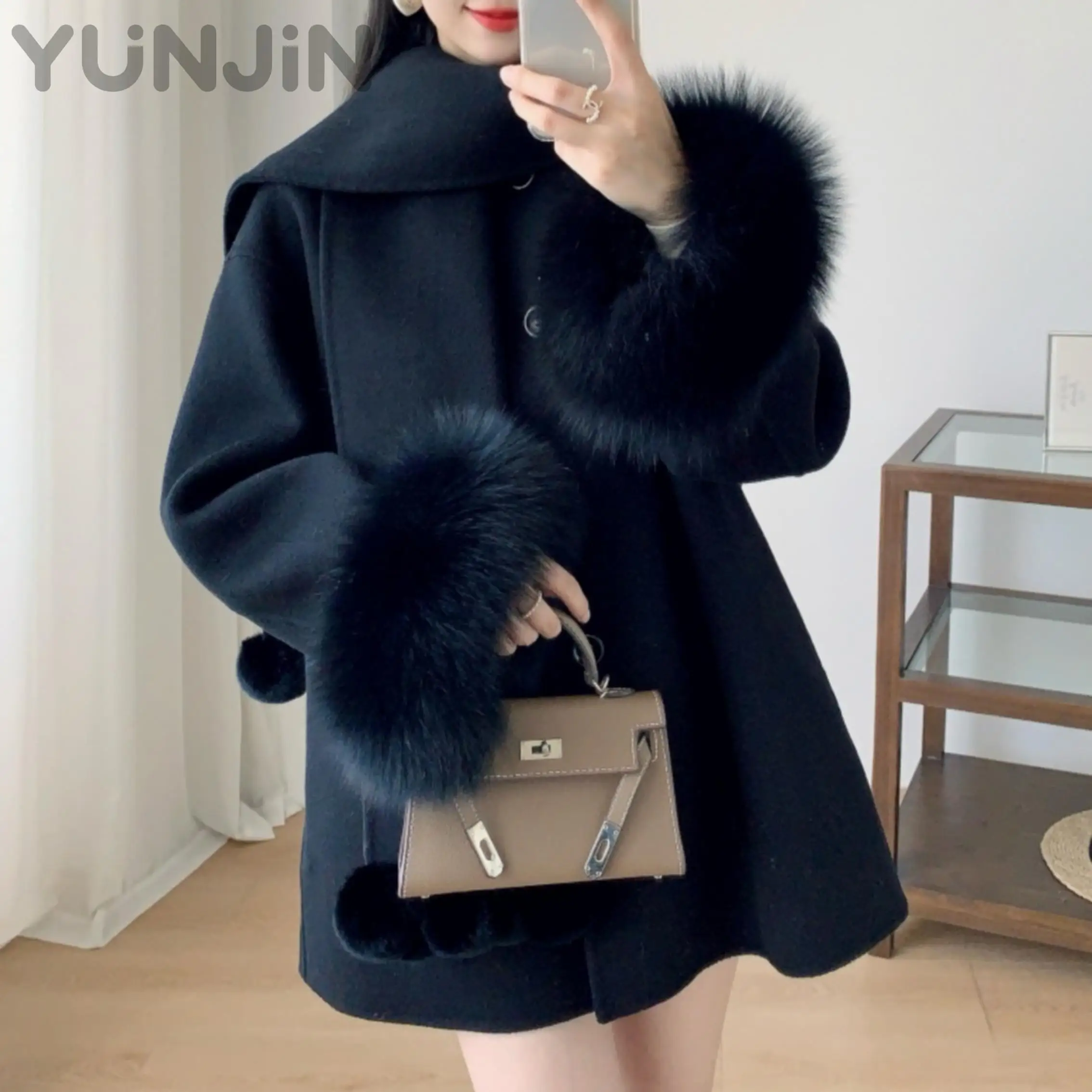 Winter Fox-Fur-Cuff Double Face Wool Coat Women Scarf