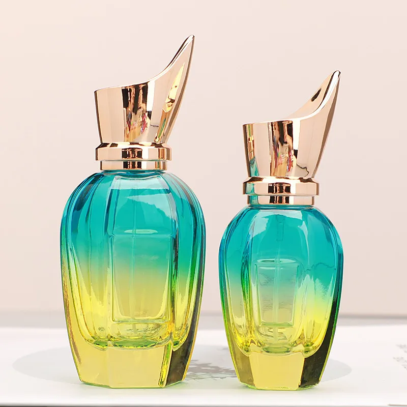 Custom Labels Gradient Green Blue Red 30ml 50ml Fine Mist Thick Glass Empty Screw Neck Perfume Bottle Yellow