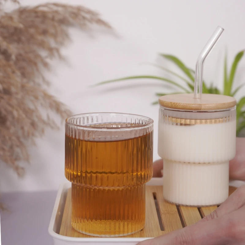 Hot Sale Hand Blown High Borosilicate Heat-resistant Vertical pattern glass cup manufacture