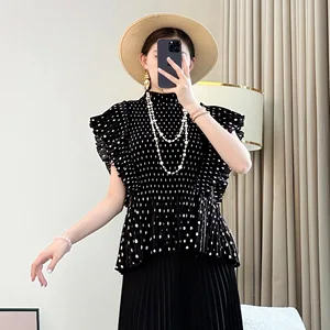 Miyake 2026 Women's Casual Dot Printed Polo T-shirt Short-Sleeved Summer Top High-End Mom's Thin Sleeveless Loose Pleated Design