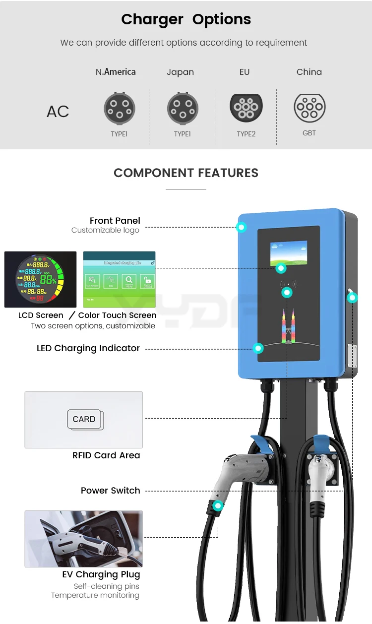 Xydf Wholesale Ev Charger Station 7kw 11kw 22kw Ce Tuv Type1 Type2 Gbt