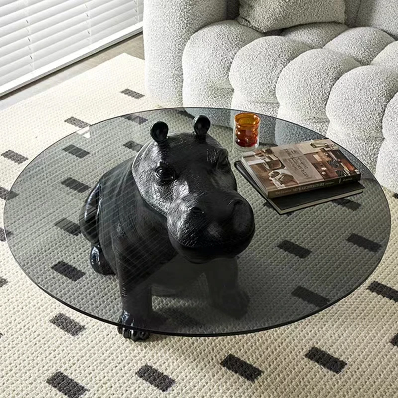 Modern Animal Coffee Table Round Statue Black Hippo Giant Rhino Sculpture Home Apartment Glass Coffee Table for Decor