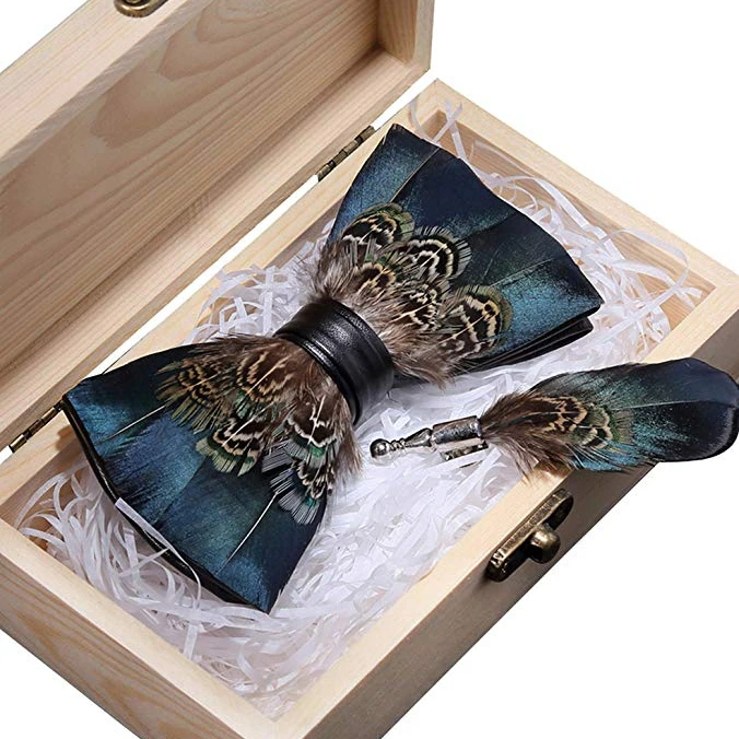 Handmade Feather Pre-tied Bow tie Bowtie and Brooch Sets For Men