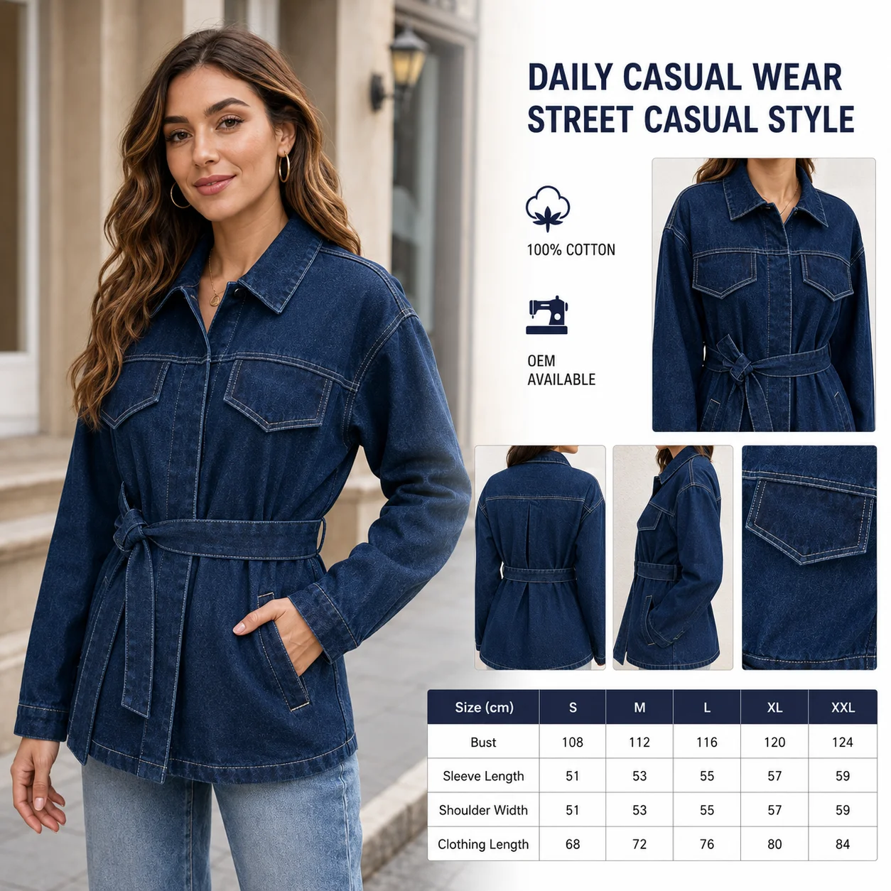 Decorative Topstitching Belted Flap Long-sleeved Collared Loose-fitting Anti-Wrinkle Casual Denim Shirt Jacket Suit