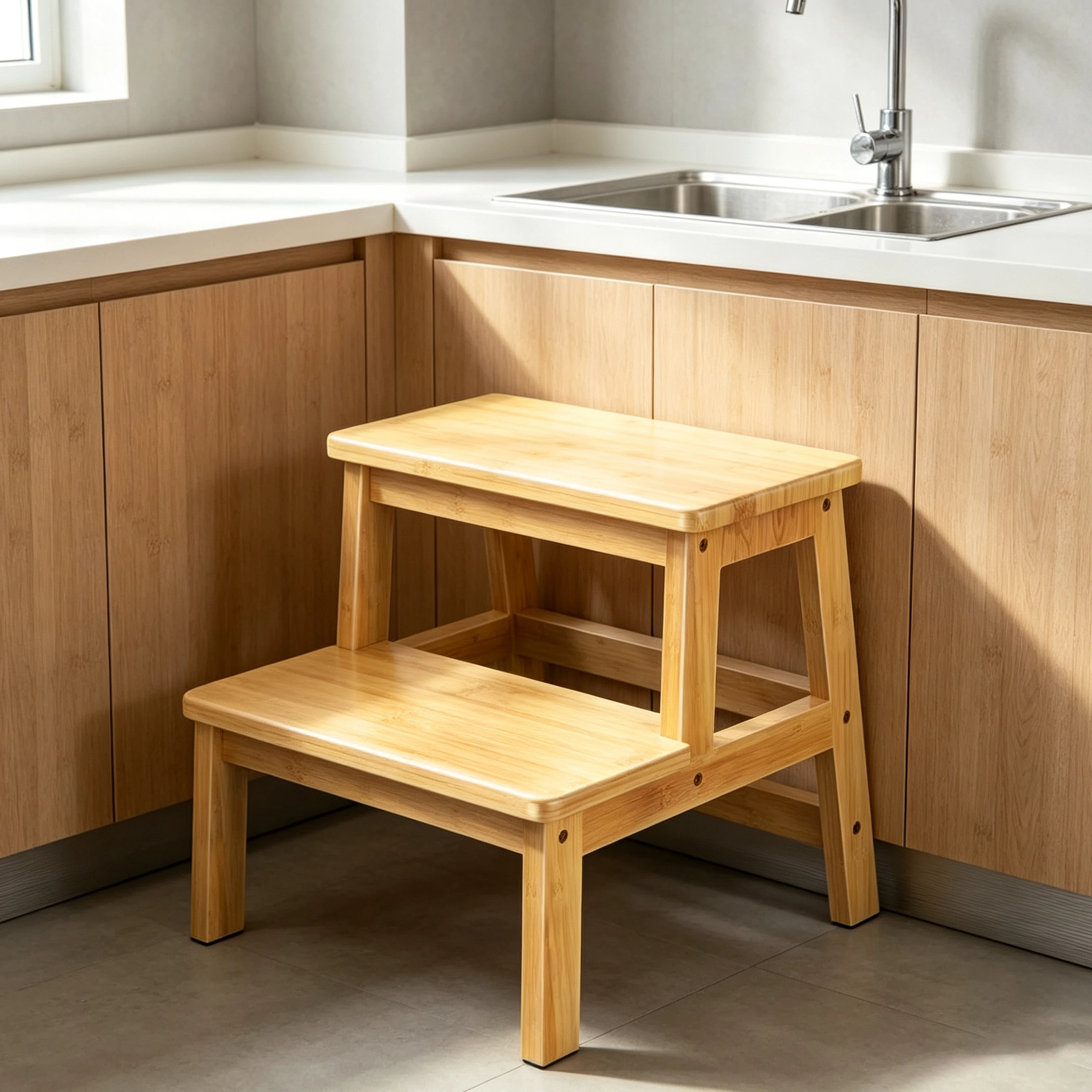 Bamboo 2 Step Stool Heavy Duty 200lbs Rounded Corners Step Stool for Kids Adults Kitchen Bathroom Potty Training