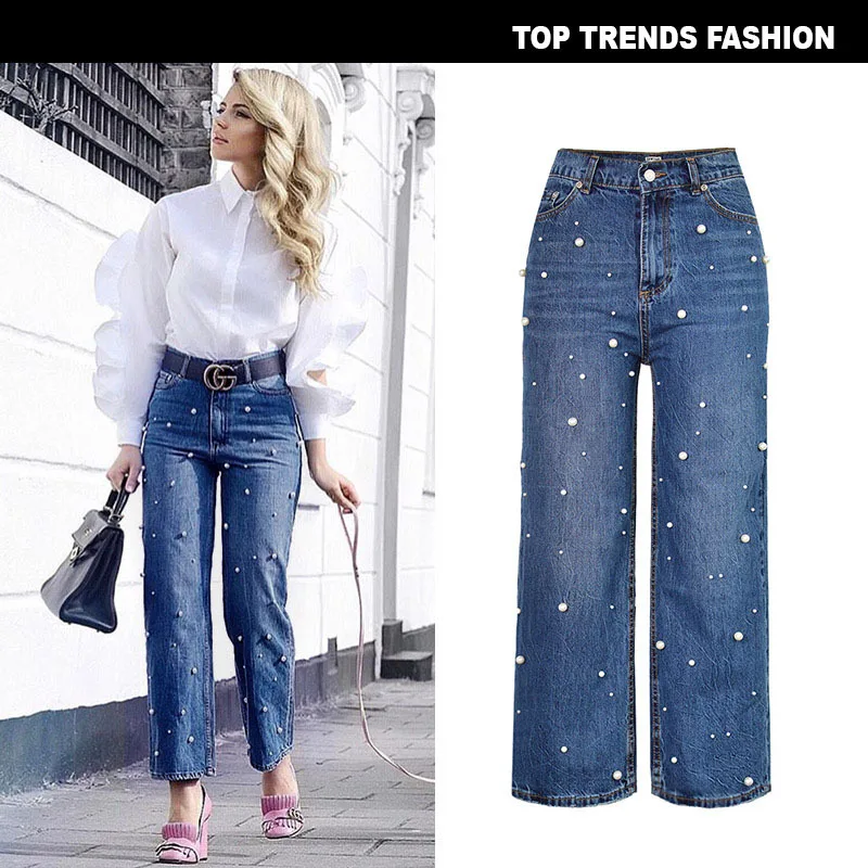Custom Fashionable Ladies Luxury Streetwear Straight Wide Leg Jeans for Women Pearl Rivets Decoration Pantalones De Mujer