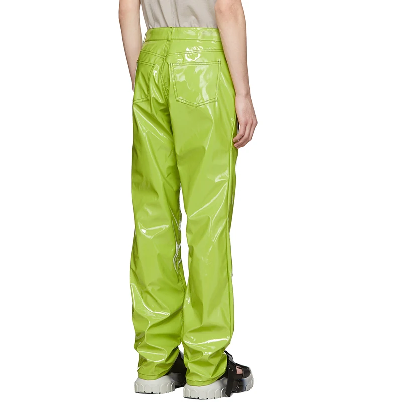 Neon Green Men's Casual Long Leather Straight Button Trousers PU Pants