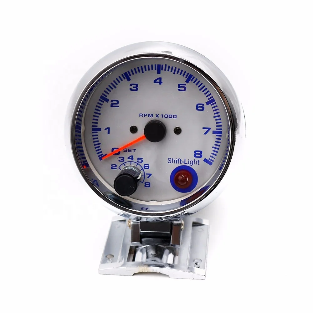 3 3/4" Chorme Tachometer Gauge 0-8000 RPM Tacho Meter with Shift Light Blue LED 
