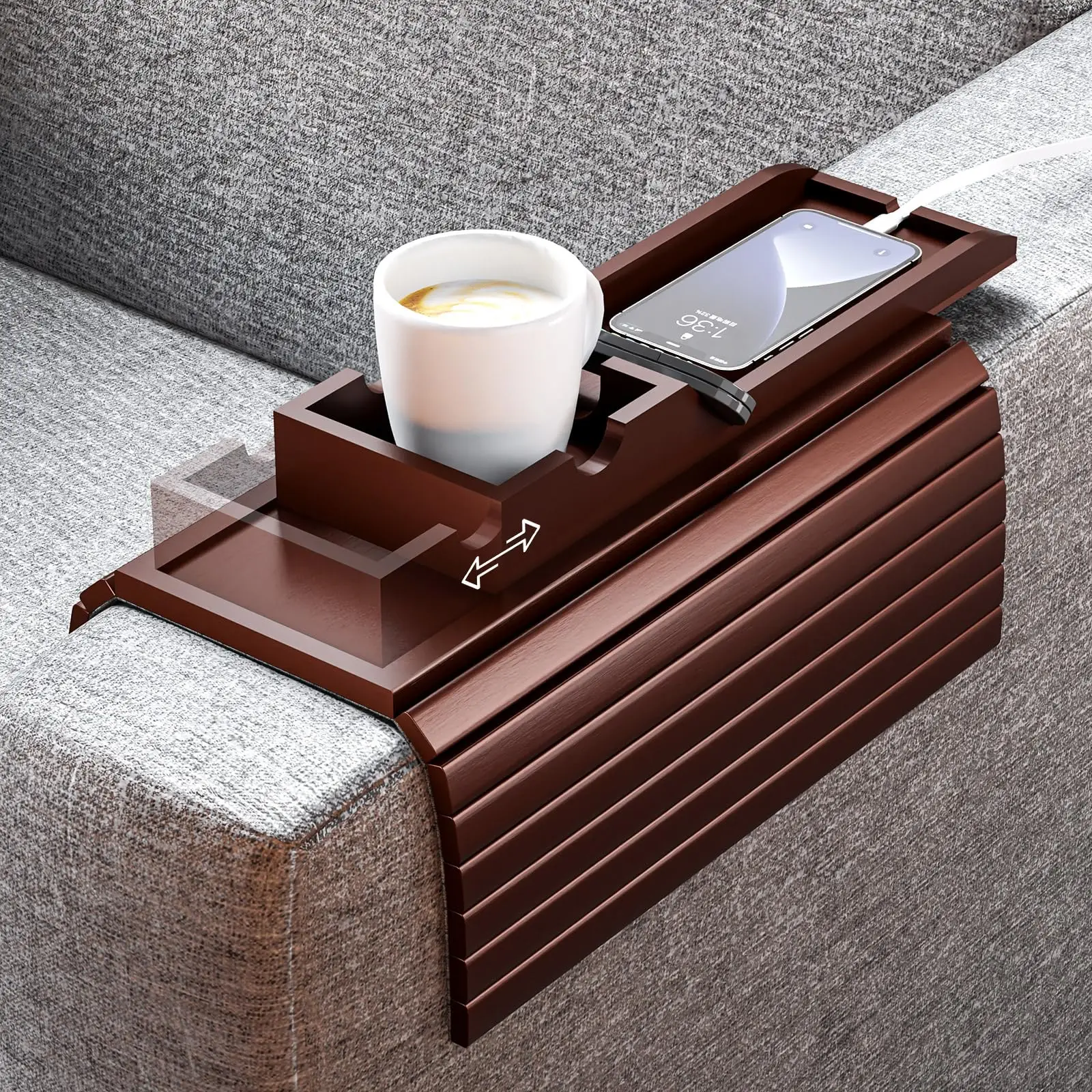 Bamboo Foldable Anti-Slip Couch Cup Holder Tray with Detachable Design for Sofa Armrest-Remote Snacks & Cellphone Holder (Black)