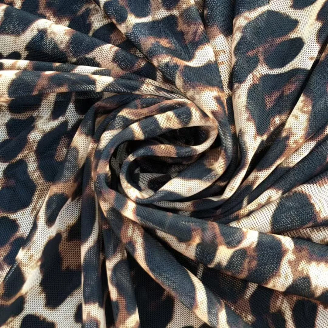 High Elastic Customized Leopard Digital Print Net Fabric 4 Way Stretch Mesh for Skirt and Costume