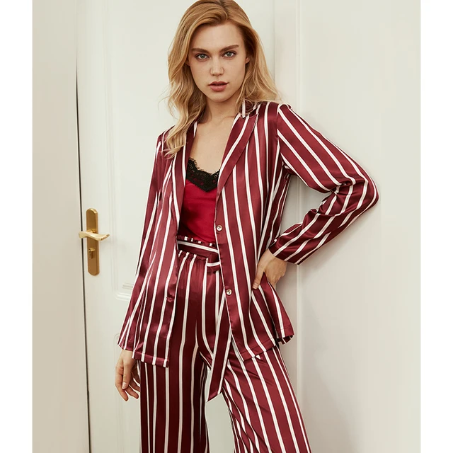 2021 New Fashion Striped Custom Satin Women 3 Piece Pajamas Set Sleep Wear Sets For Women