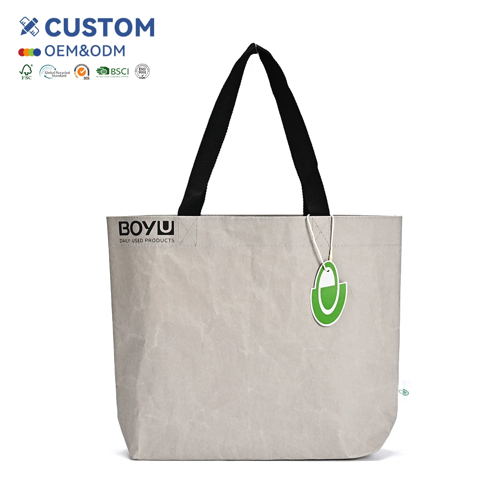 Shopping Bag Single Shoulder Handbag Dupont Paper Tote Bag Washable Kraft Paper with Cotton Linen Lining Natural Ecobags