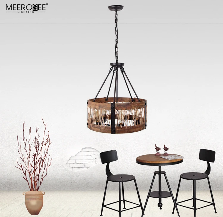 Meerosee Farmhouse Pendant Light Antique Wood Finish Rural Industrial Style Hanging lamp with Adjustable Chain MD86786