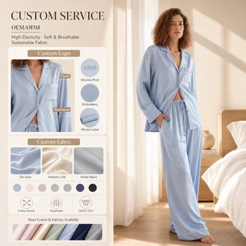 Women's Autumn Winter Soft Polyester Pajama Set Lapel Long Sleeve Shirt Loose Pants Casual Loungewear