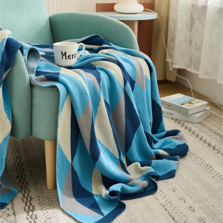 Super Cozy 100% Cotton Blanket  Geometric Jacquard  Knitted Throw Blanket For Home Decoration Sofa And Office MY factory