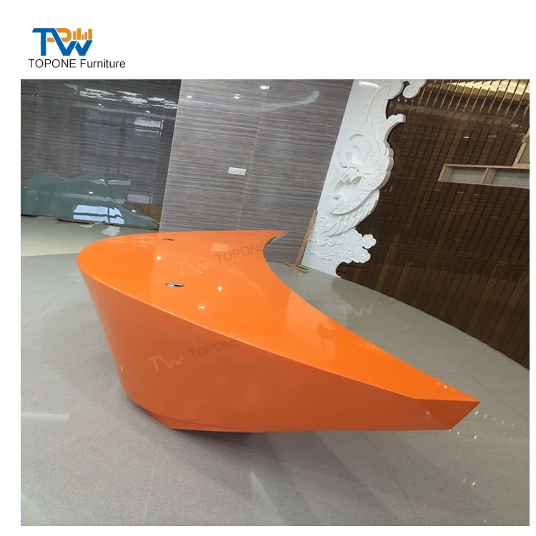 Glossy Orange Color Unique Curved Luxury Reception Counter Office Counter Front Desk