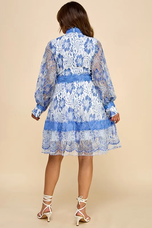 A Short Blue Lace Dress With Blue And White Lace Trim - Image 5
