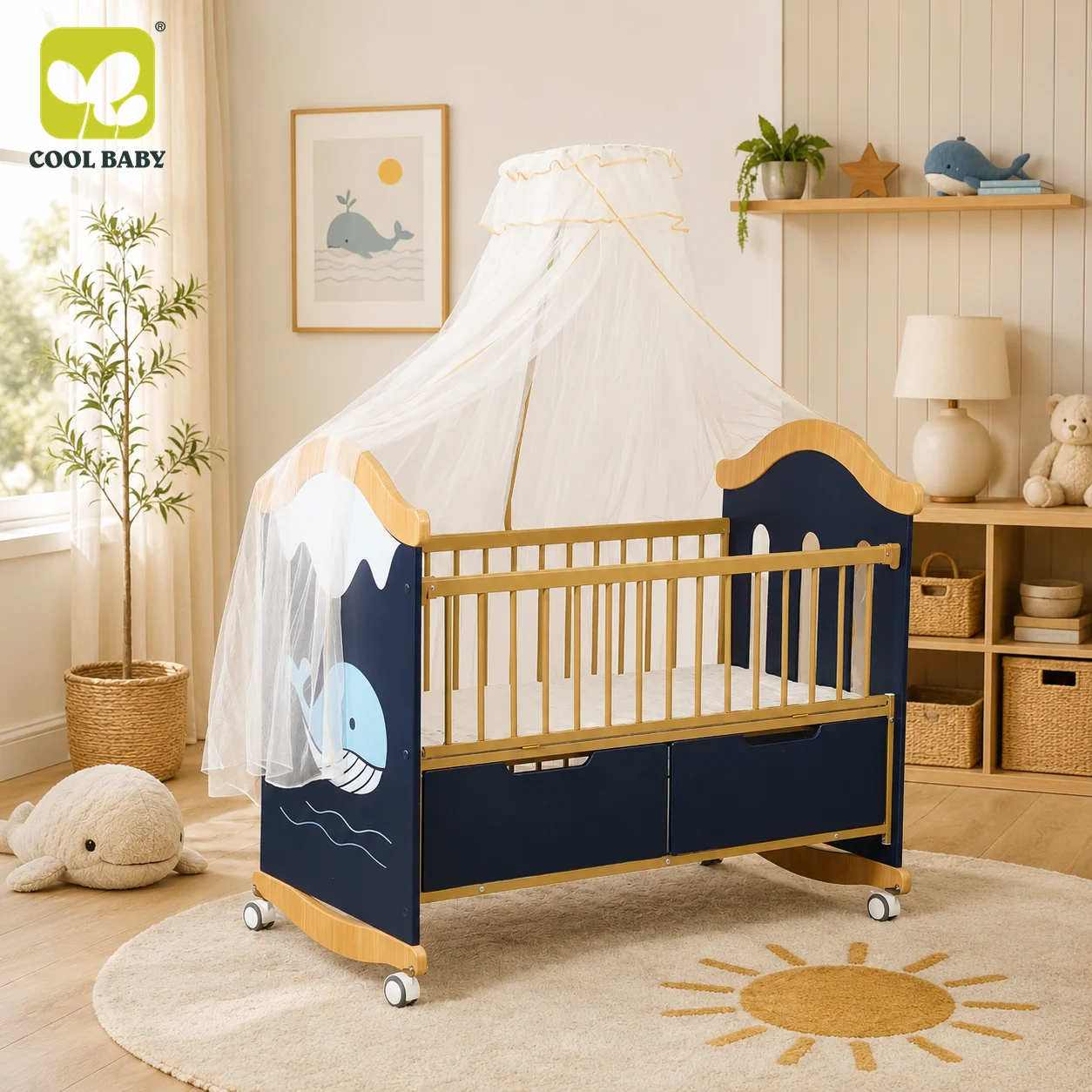 B4401 CoolBaby Bulk Price 6 in 1 Baby Crib with Rocking Function and Large Storage Drawer for 0-24M