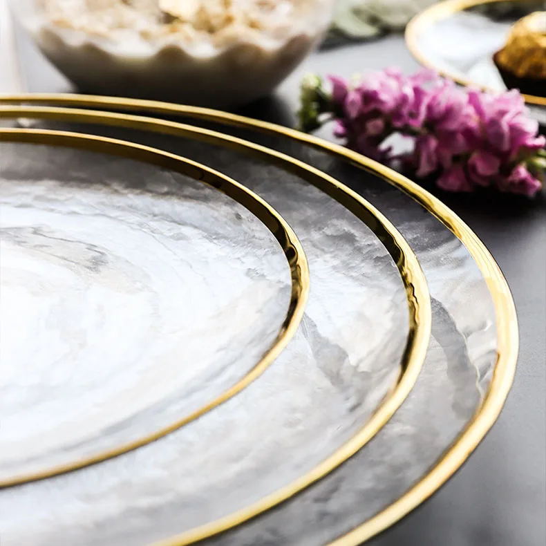 Wholesale High Borosilicate Clear Glass Dinner Plate Sets With Gold Rim