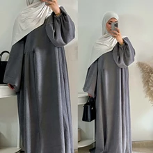 Loriya 2024 Nov New Loose and Flared Winter Abaya Round Neck Balloon Sleeves Solid Color Cordury Closed Abaya Women Dresses