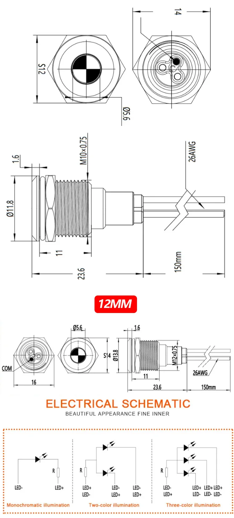 LED Panel Anzeigeleuchte Metall Wasserdicht – 6/8/10/12 Mm, 3-220V AC/DC, 5 Farben Wählbar