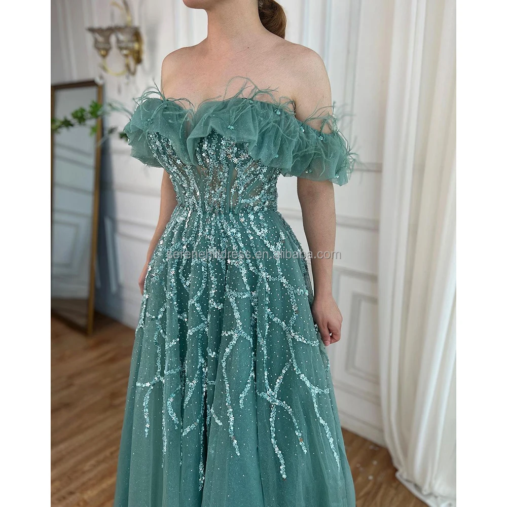 green emerald velvet dress Turquoise Crystal Luxury Evening Dress for Women Wedding Party Elegant –  sultanti main image 1