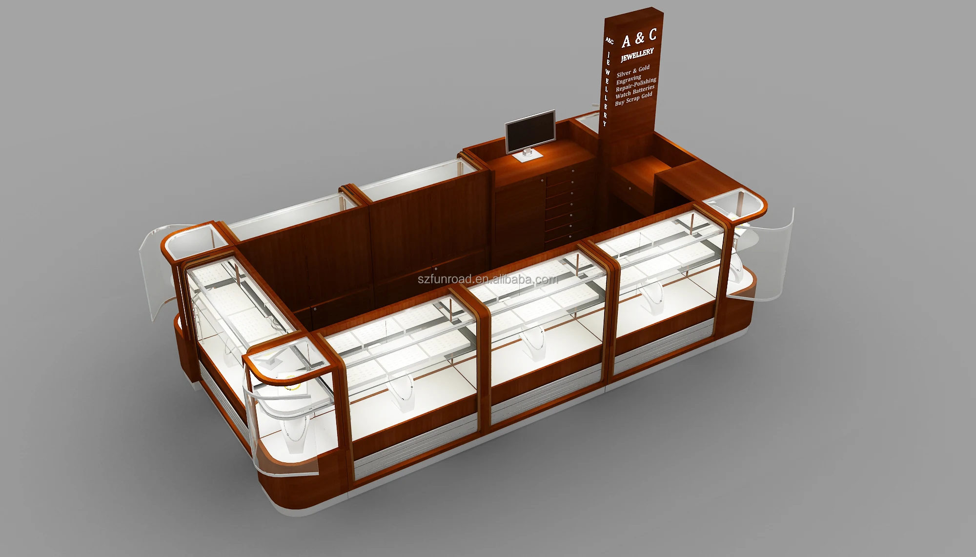 Custom design modern Glass and wooden jewelry display kiosk with rolling door