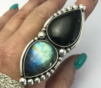 Black Onyx & Labradorite Antique 925 Sterling Solid Silver Natural Gemstone Ring Statement jewelry
