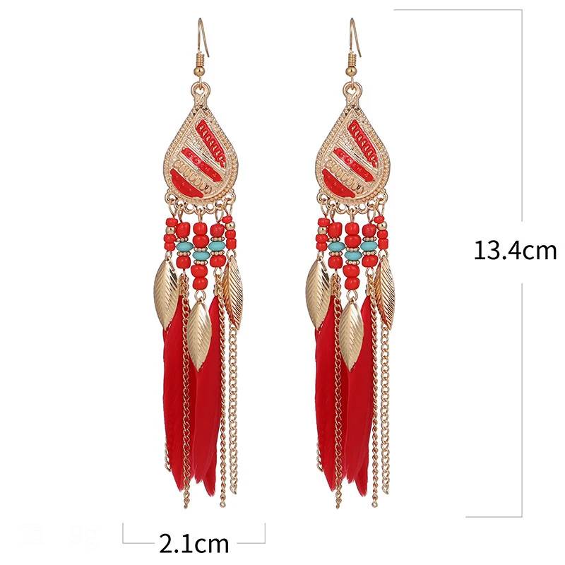 Ethnic Boho Style Colorful Drop Long Real Feather Pendant Bohemian Earrings Jewelry for Women