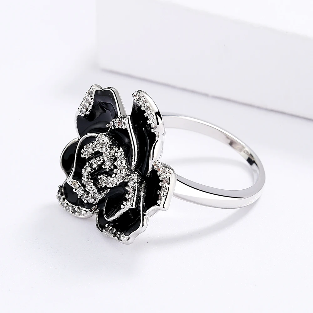 CAOSHI Women Black Rose Flower Finger Rings Fashion 925 Silver Coating  Elegant Girls Cubic Zirconia Paint Rings