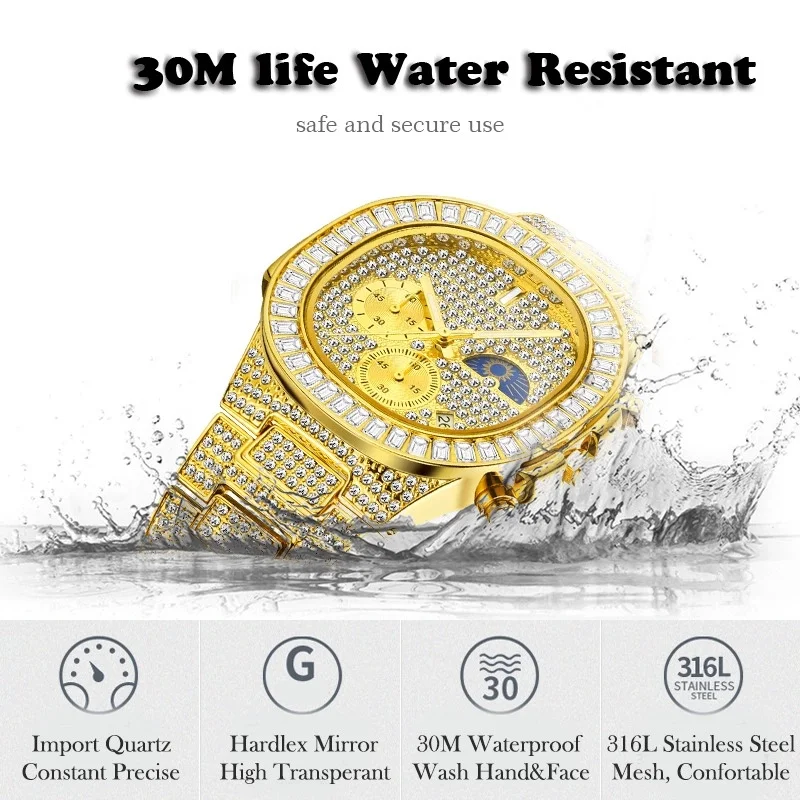 Top Brand Luxury Male Quartz Men Wristwatch Unique Gift for Men Lced Out Gold Diamond Watch