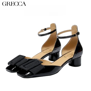 GRECCA Mid-Heel Pumps, Black Patent Leather, Ankle Strap & Bow Accent Fashion High Heel Sandals Mature Ladies High Heel Sandals