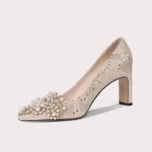 Glamorous Lace Adorned Square Toe High Heels with Pearl Accents for Bridal and Formal Occasions