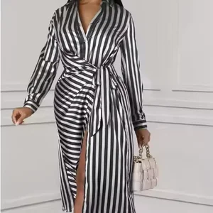Fitted Stripe Long Sleeve Women's Blouse Dress Eco-Friendly Woven African Style Sashes Natural Maxi Breathable Washable Slits