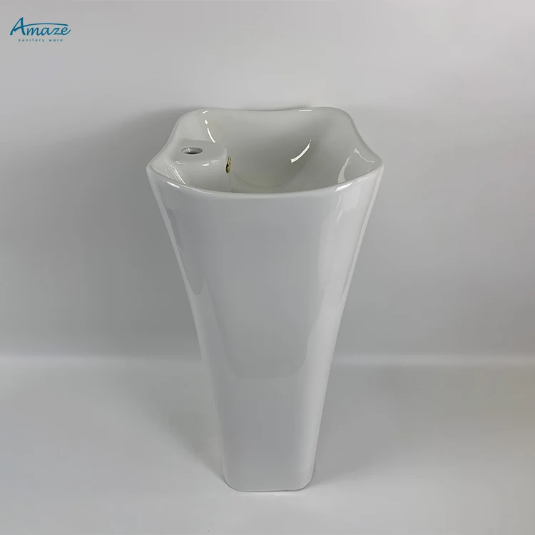 Modern lavatory square pillar gold line white one-piece ceramic bathroom sink wash hand pedestal basin details