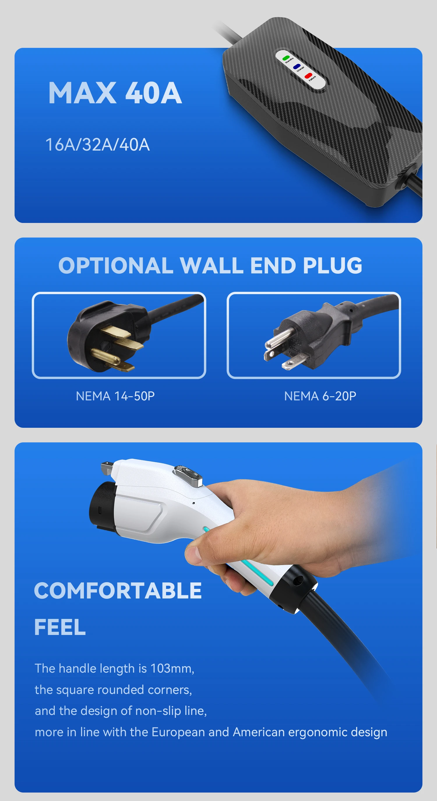 Hot Sell Type 1 Max 40a 9kw Sae J1772 Fast Charging Water Proof Commercial Use Current