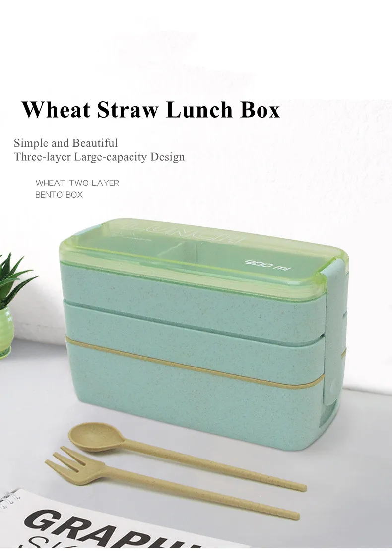 Wholesale Online Hot Sale Japanese Wheat Straw Lunch Box Kit 3-In-1  Compartment Leak-proof Bento Lunch Box Meal From m.