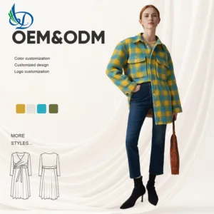 Women's Casual Jacket Winter Jacket Checkered Printed Button Closure Yellow Green Wool Blend Windproof Jacket