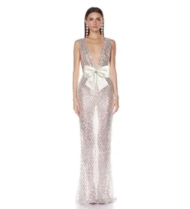 Bettergirl 2026 Ramadan New V-neck bow decoration sequined fish tail party dress