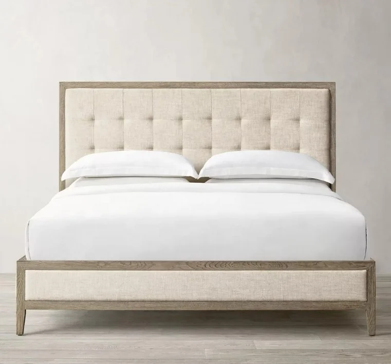 Luxury Modern French Contemporary Home Furniture Solid Oak King/Queen Size Bed With Soft Style Wooden Bed Fabric Panel Bed