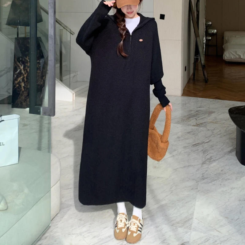 Korean Oversized Long Sweaters Winter Thick Long Sleeve Knitted Women Plain  Maxi Hoodie Dresses Half Zipper Sweater Dresses