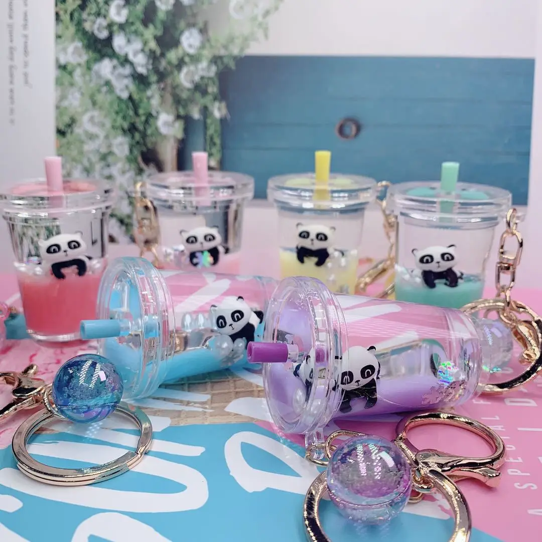 INS Girl Into Panda Floating Quicksand Liquid Milk Tea Cup Keychain Keyring Bag Pendant