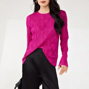 Women's High Quality Woven T-Shirt Vintage Pleated Design in Solid Colors Personalized Stretch Printed Top for Spring Summer