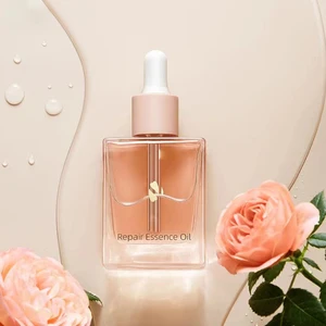 Flat square Rectangle Luxury 30ml Glass Dropper Bottles with pink Collar for Serum Essential Oil