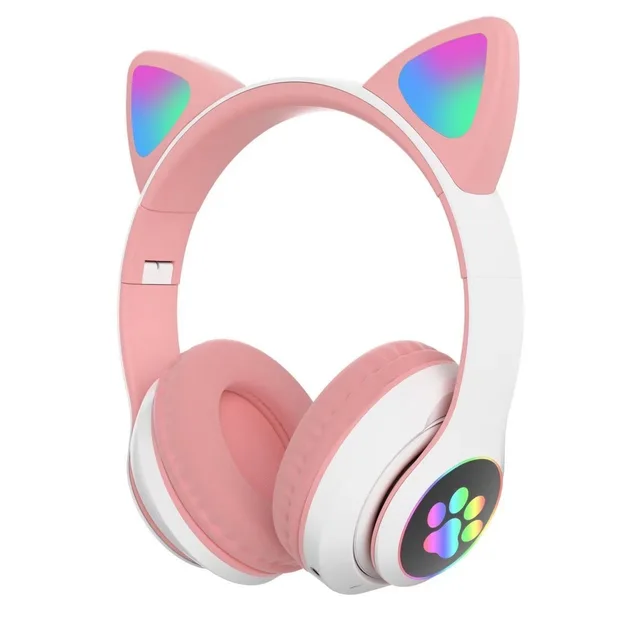 23M LED Atmosphere Light Wireless Over-Ear Headset Earbuds JL Chipset Noise Cancelling Bluetooth Cute Cat Design Girls Gaming