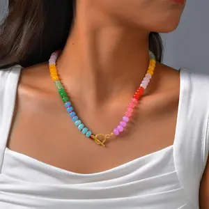 Summer Stylish Stainless Steel Ot Clasp Buckle Necklace Colored Gemstone Collar Chain Jade Bead Necklace