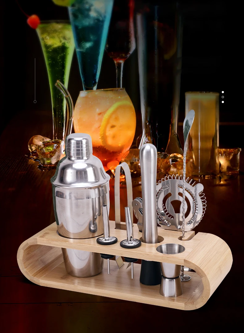 Professional Bar Tool Cocktail Shakers Wooden Stand Stainless Steel 9piece Bartender Tool Kit