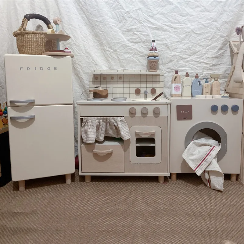 New Customize 3 Piece Set Educational Toy Pretend Play Wooden Children Kitchen Toy Set Refrigerator Washing Machine Toys Set