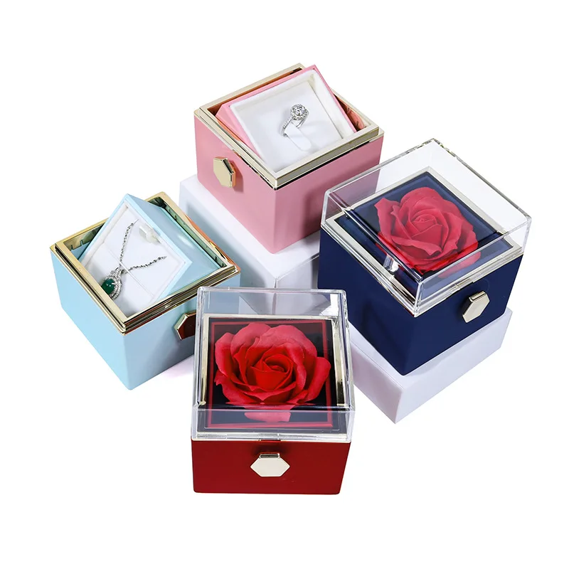 Customized Eternal Rose Acrylic Jewelry Rotating Flower Gift Box Wedding Ring Box Necklace Storage Box